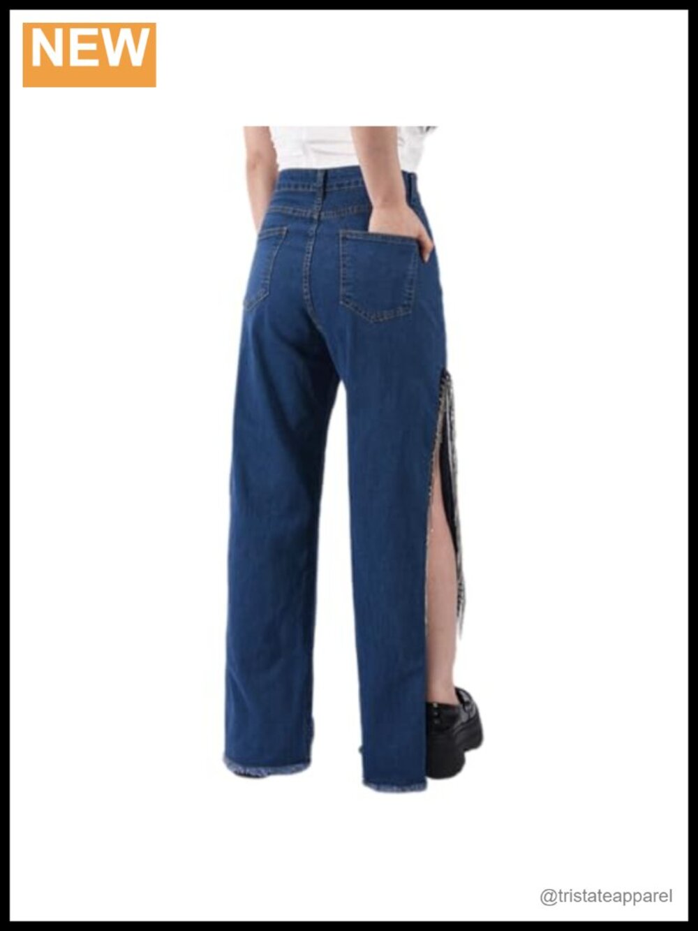 High Waisted Wide Leg Jeans Rhinestone Fringe Trim Side Slit Denim